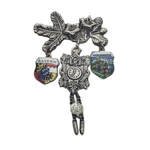 Vintage Brooch Charm Holder Bavaria Souvenir Shield Castle Cuckoo Clock Sterling
